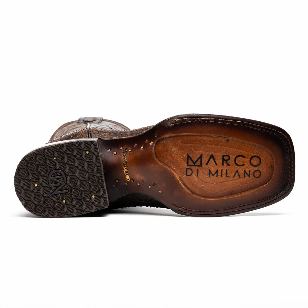 Sole of Missouri Brown boot showcasing genuine Python skin and Marco di Milano branding.