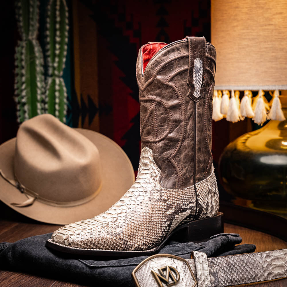 Missouri Natural cowboy boot with genuine Python skin, bold design, and square toe from the Western Collection displayed on a dark surface.