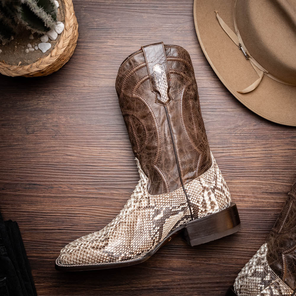 Missouri Natural cowboy boot with genuine Python skin and full-grain leather, capturing Western spirit and bold style.