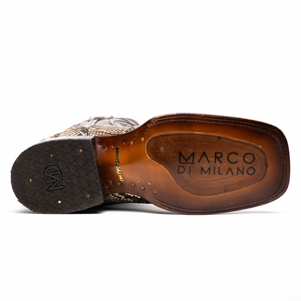 Bottom view of Missouri Natural Python skin cowboy boot sole with Marco di Milano logo.