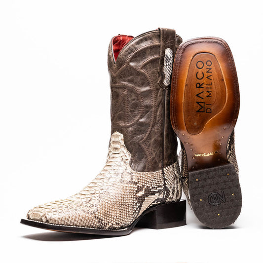 Missouri Natural genuine Python skin cowboy boots with square toe and full-grain leather shaft.