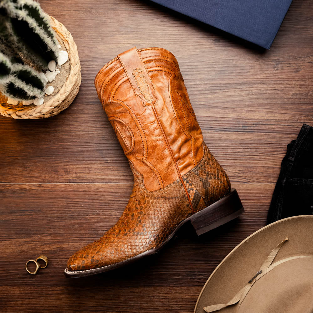 Missouri Cognac boot featuring genuine Python skin and full-grain leather with a square toe design, capturing Western craftsmanship.