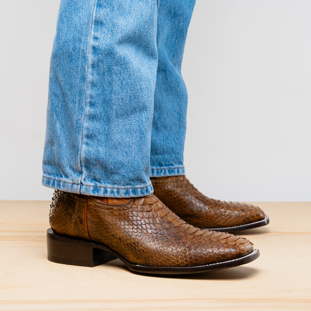 Missouri Cognac Genuine Python Skin Cowboy Boot with square toe design, premium craftsmanship, and full-grain leather shaft.
