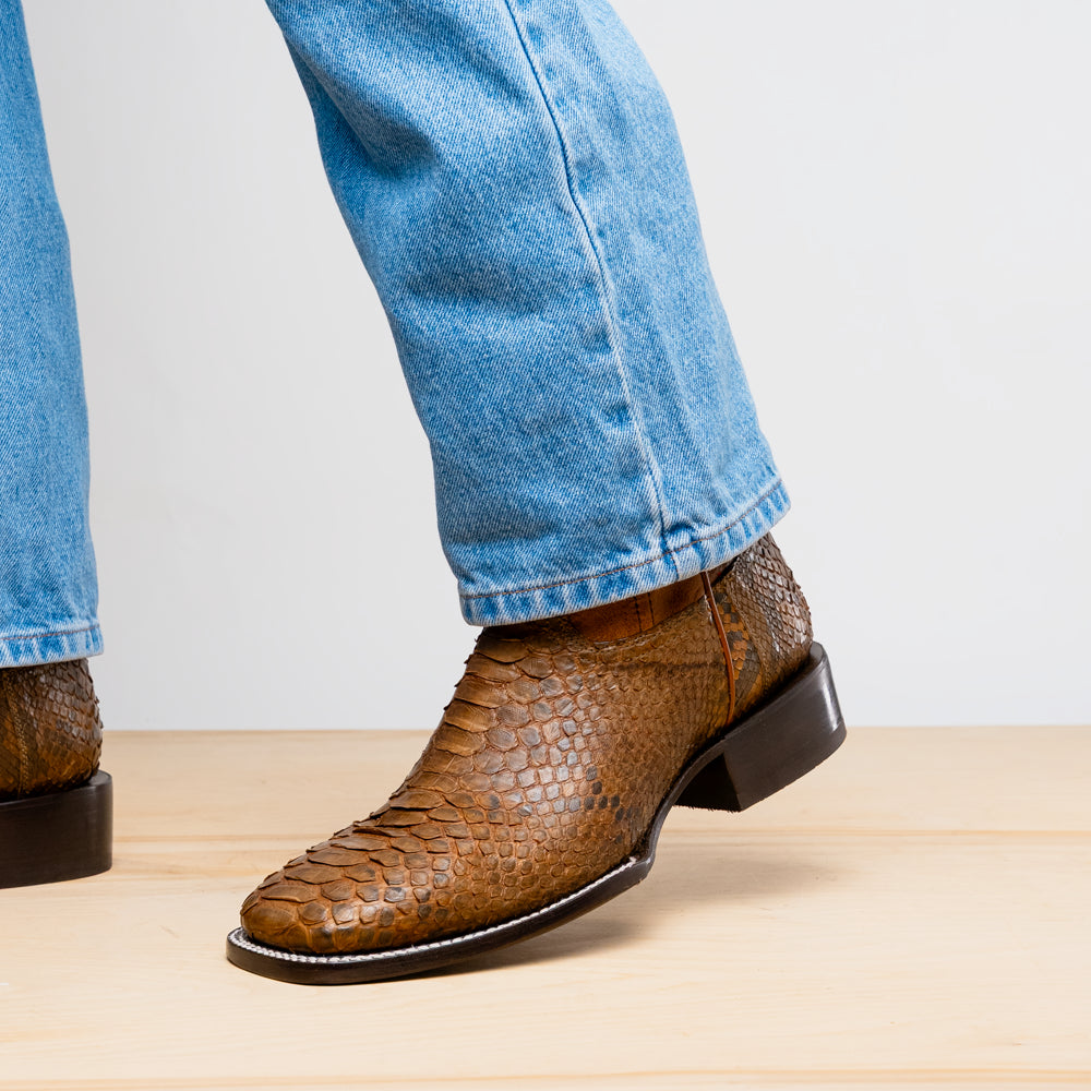 Missouri Cognac Python skin cowboy boot with square toe and full-grain leather shaft.