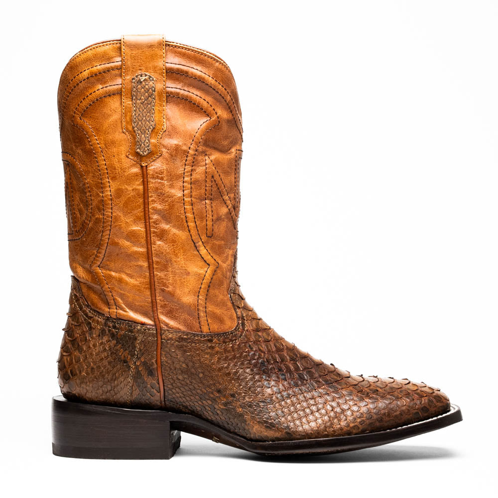 Missouri Cognac Python Skin Cowboy Boot with Square Toe Design