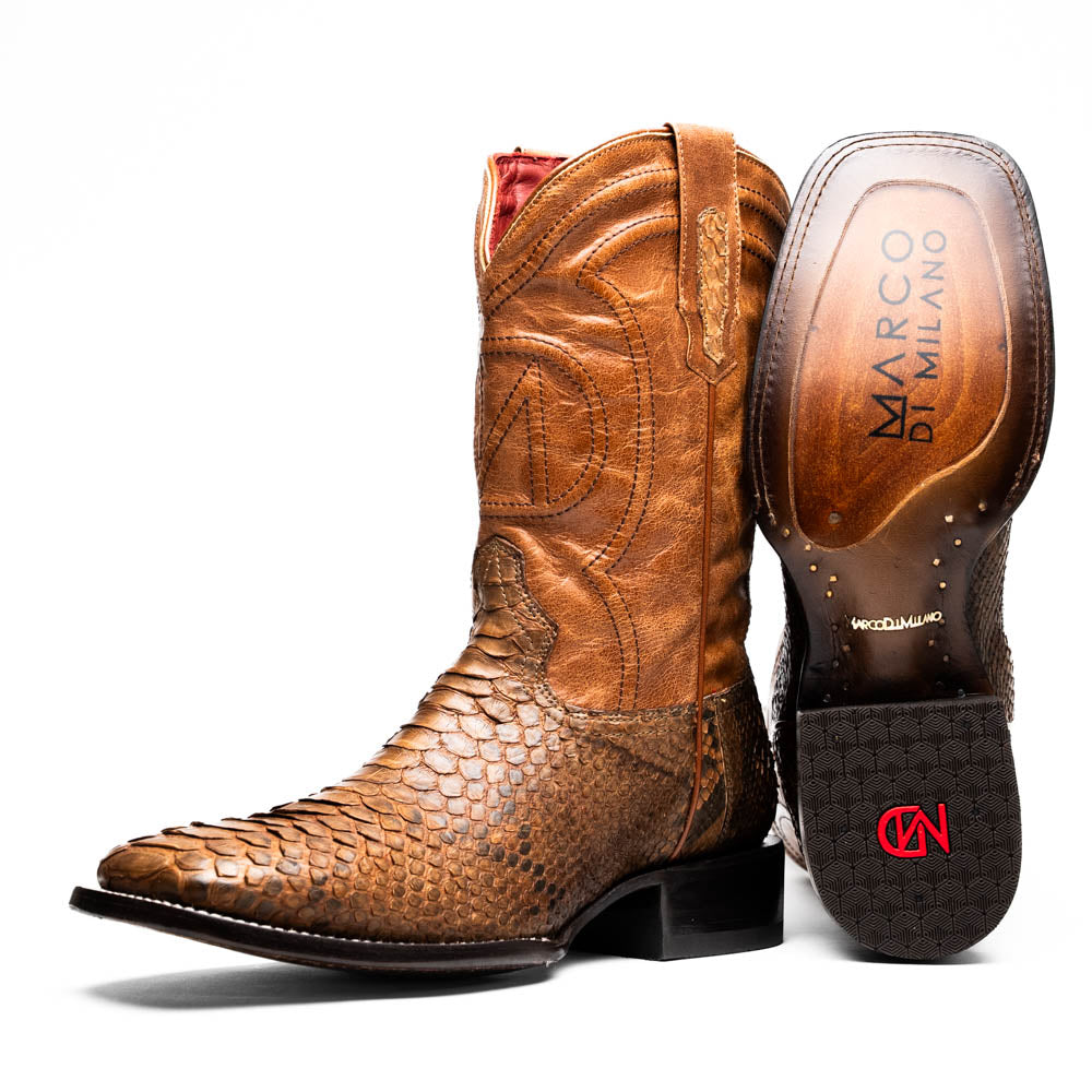 Missouri Cognac - Genuine Python Skin Cowboy Boot with square toe from the Western Collection showing vamp and shaft details