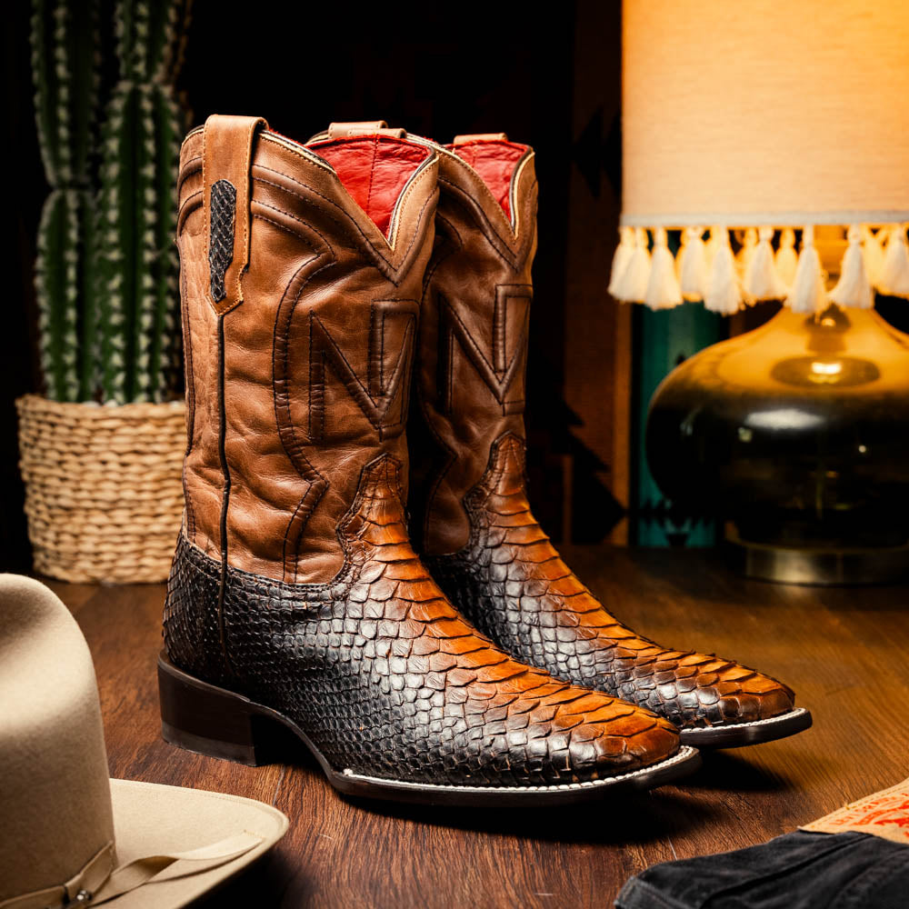 Missouri Lisboa cowboy boots made from genuine Python skin from the Western Collection, showcasing rich texture and craftsmanship.