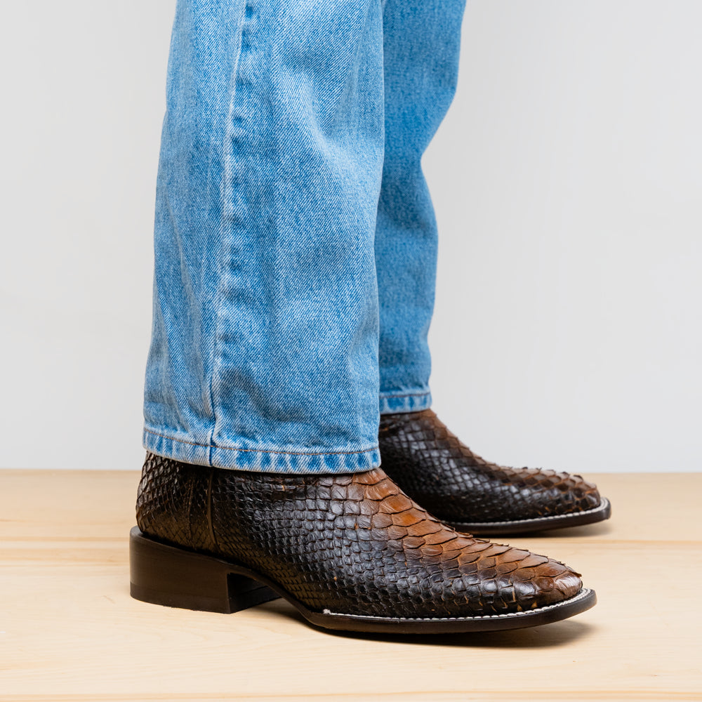 Missouri Lisboa authentic Python skin cowboy boots showcasing square toe design and premium craftsmanship.