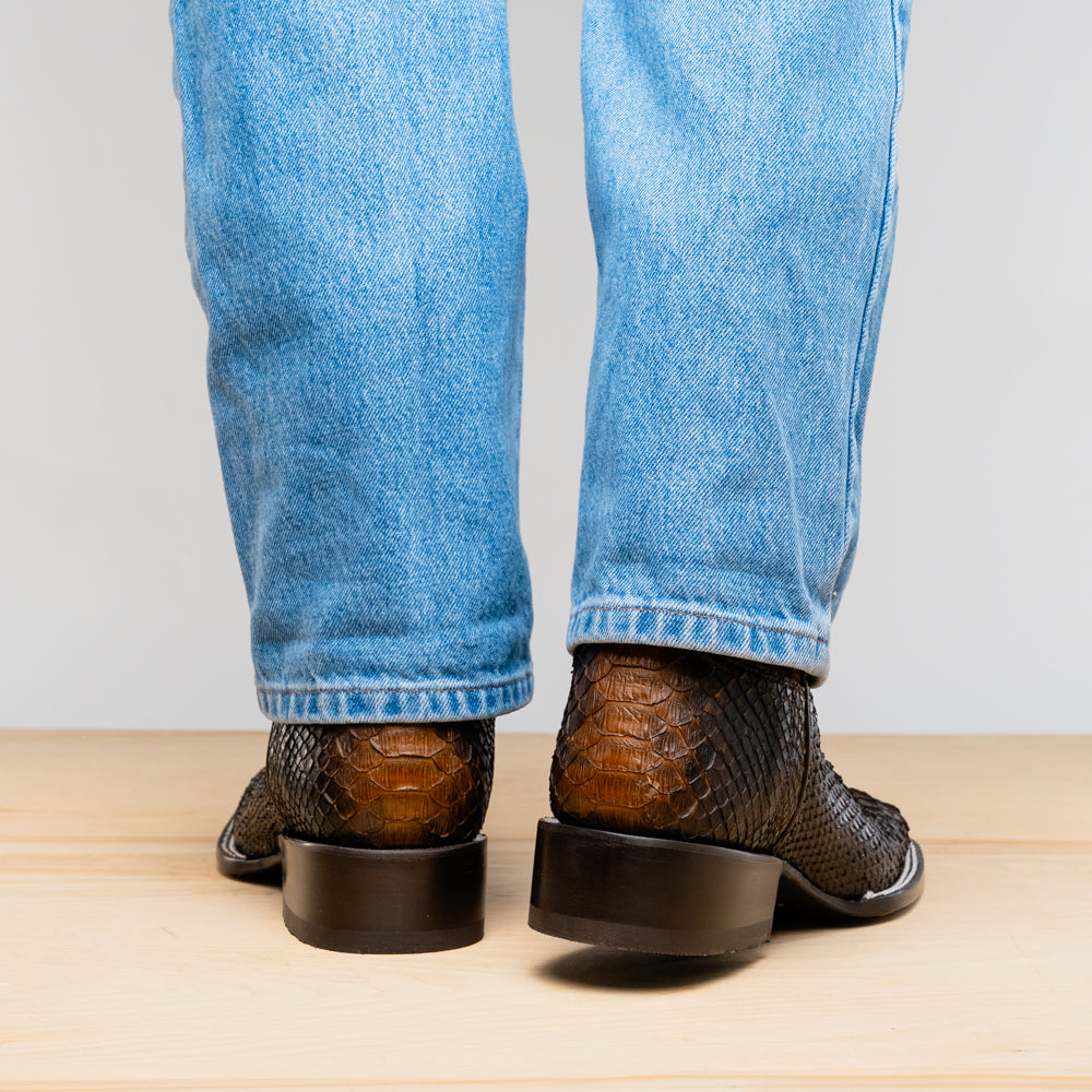 Back view of Missouri Lisboa Python skin cowboy boots from the Western Collection, featuring a square toe and bold design.