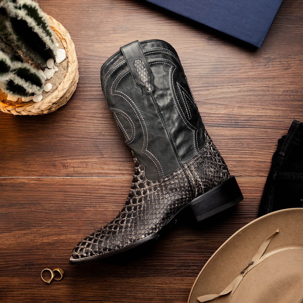 Missouri Stone White Python Skin Cowboy Boot on wooden background