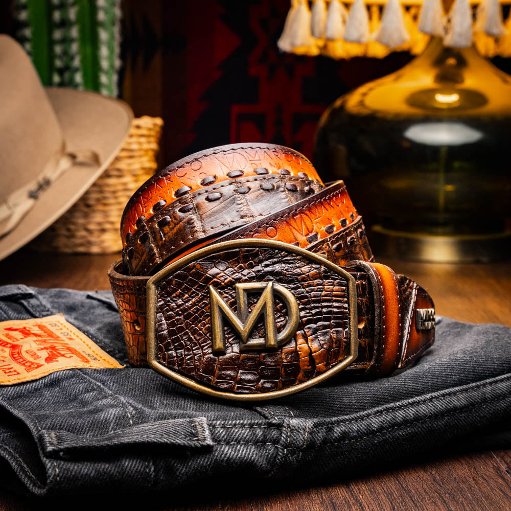 Montana Belt Aged Brown with caiman skin and calf leather, handcrafted details and Marco Di Milano logo on jeans.