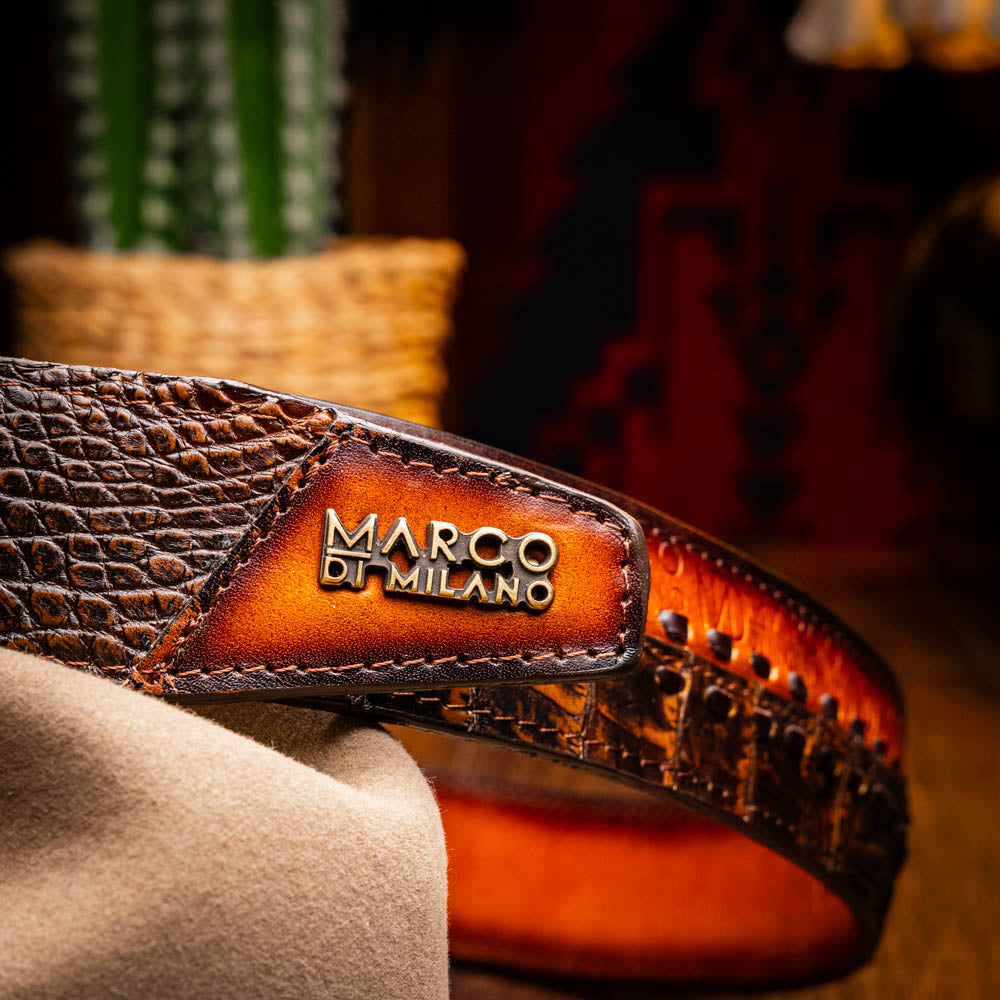 Montana Belt Aged Brown with Marco Di Milano stamp, handcrafted caiman and calfskin featuring a unique center-stitched detail.