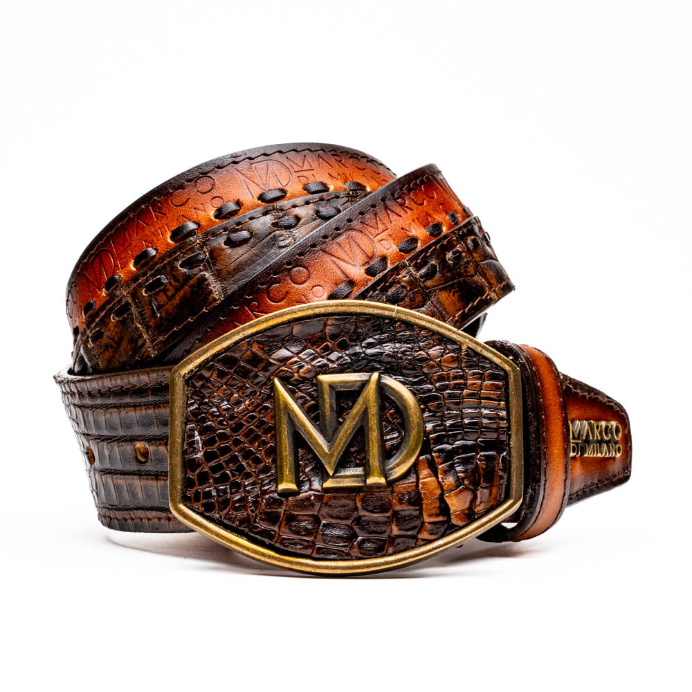 Montana Belt Aged Brown with caiman crocodile and calfskin leather featuring hand-stitched center detail and Marco Di Milano branding.