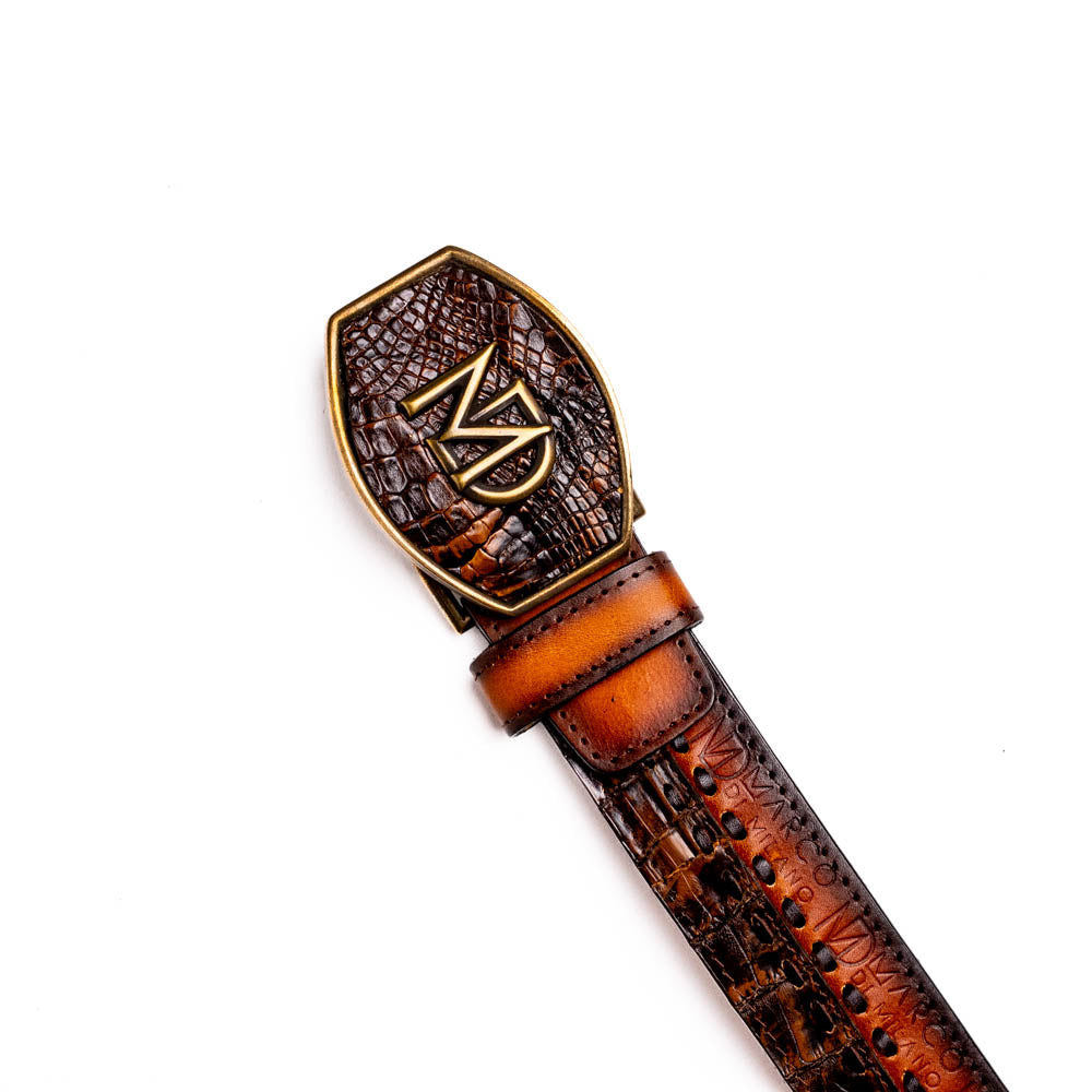 Montana Belt Aged Brown, genuine caiman crocodile and calfskin leather, featuring unique hand-stitched center detail with logo buckle.