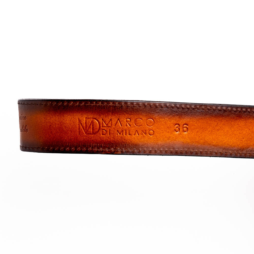 Montana Belt Aged Brown by Marco Di Milano with genuine caiman and calfskin leather, hand-stitched detail, and brand stamp.