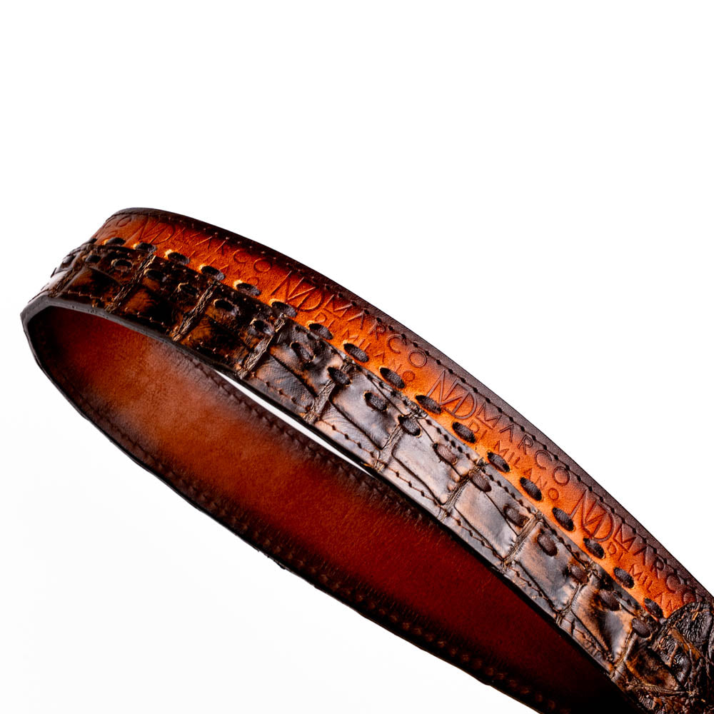 Montana Belt Aged Brown made of caiman and calfskin with hand-stitched center detail, showcasing Marco Di Milano craftsmanship.