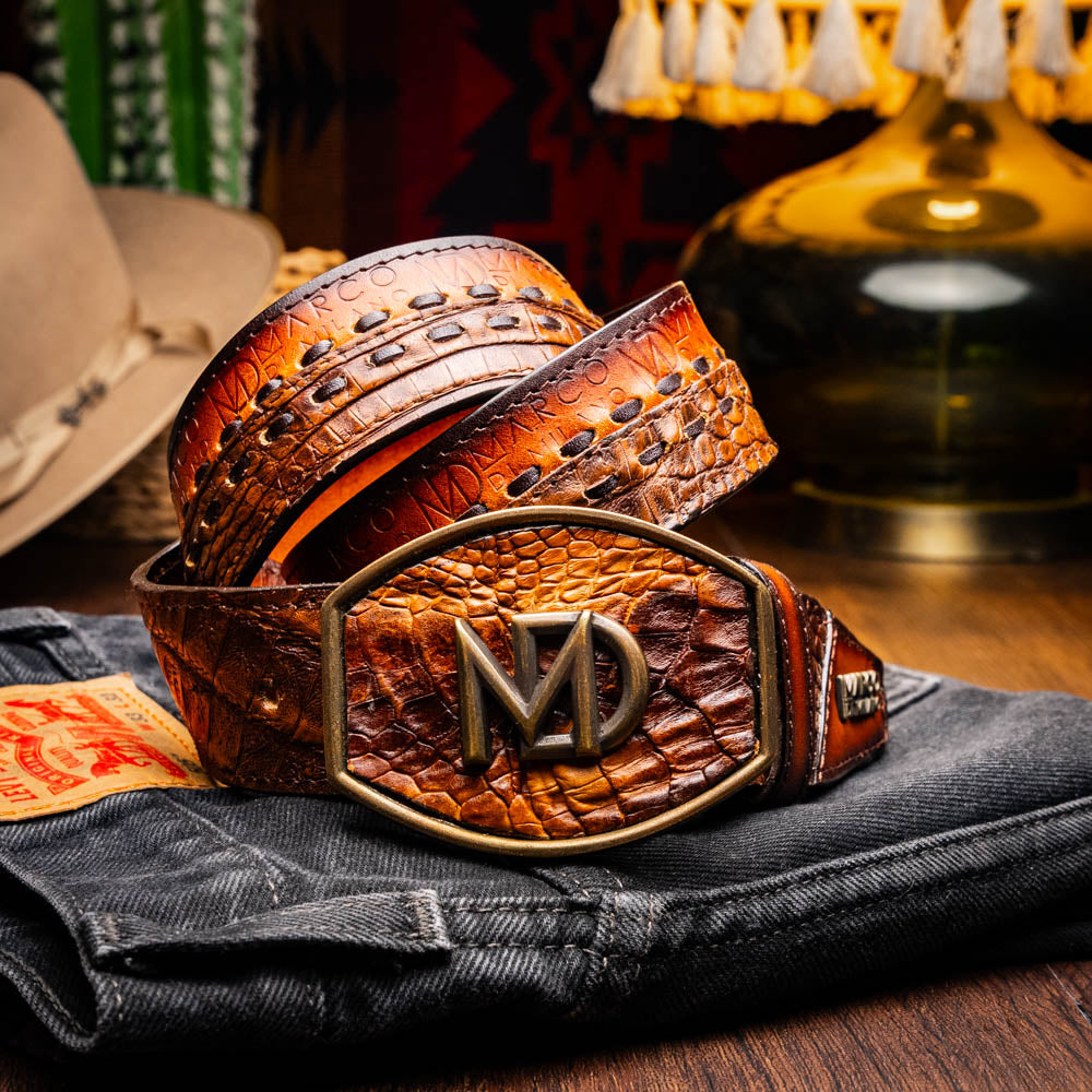 Montana Belt Aged Maple featuring caiman skin and hand-stitched details, showcasing Marco Di Milano Western craftsmanship.