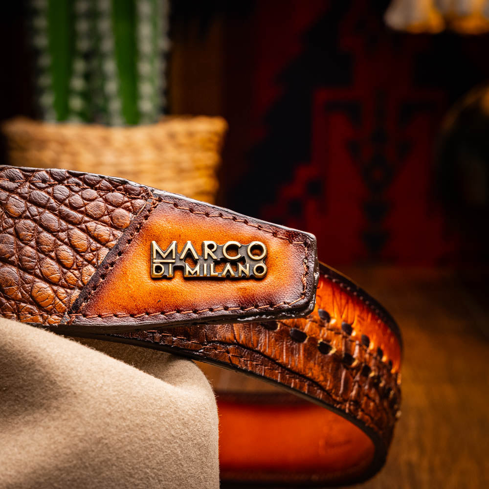 Montana Belt Aged Maple with Marco Di Milano stamp, featuring caiman and calfskin leather with hand-stitched detail.