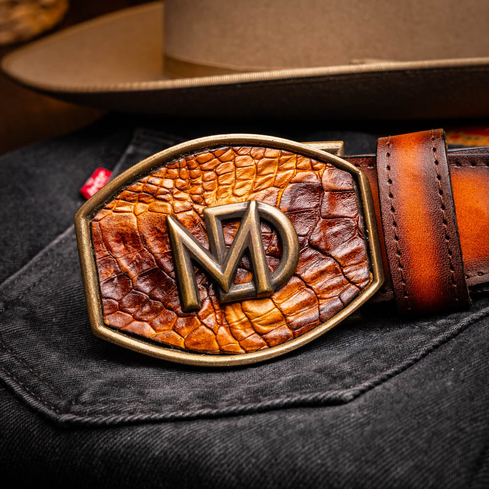 Montana Belt Aged Maple with handcrafted caiman crocodile and calfskin leather detail