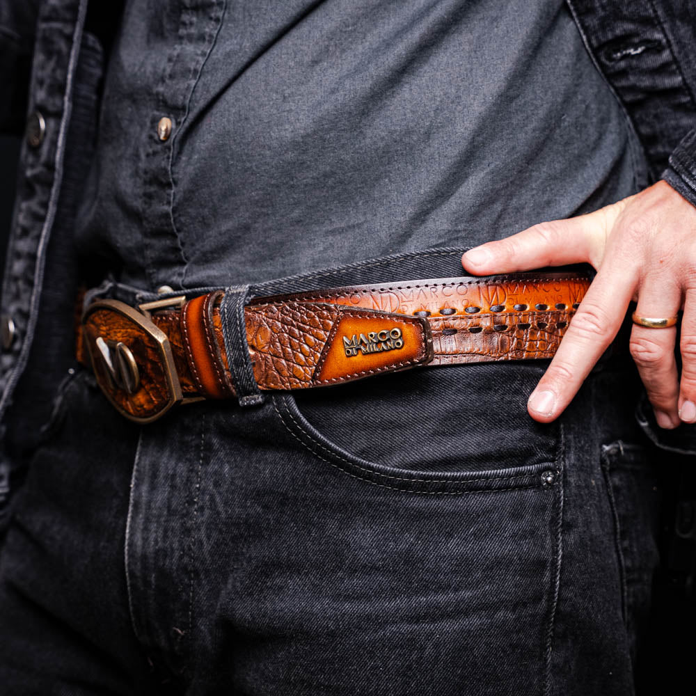 Montana Belt Aged Maple featuring caiman crocodile and calfskin, with Marco Di Milano brand, worn on a person in dark clothing.