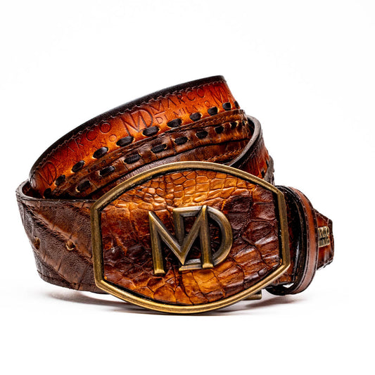 Montana Belt Aged Maple made of caiman and calfskin with hand-stitched detail and Marco Di Milano logo on buckle.