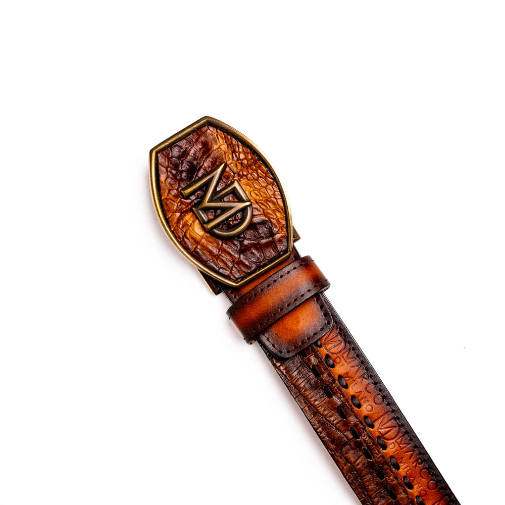 Montana Belt Aged Maple with caiman skin and calf leather, featuring hand-stitched center detail and Marco Di Milano logo.