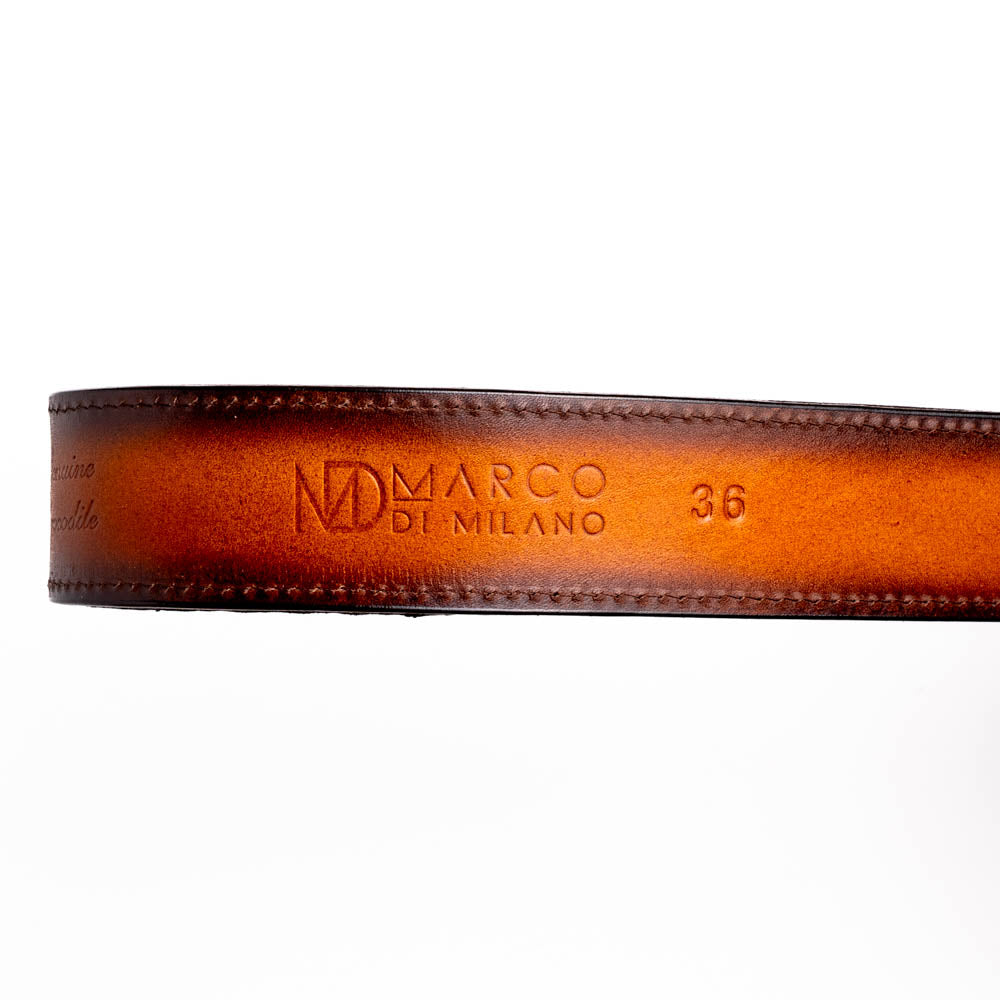 Montana Belt Aged Maple with Marco Di Milano stamp, handcrafted from caiman and calfskin leather, featuring hand-stitched details.