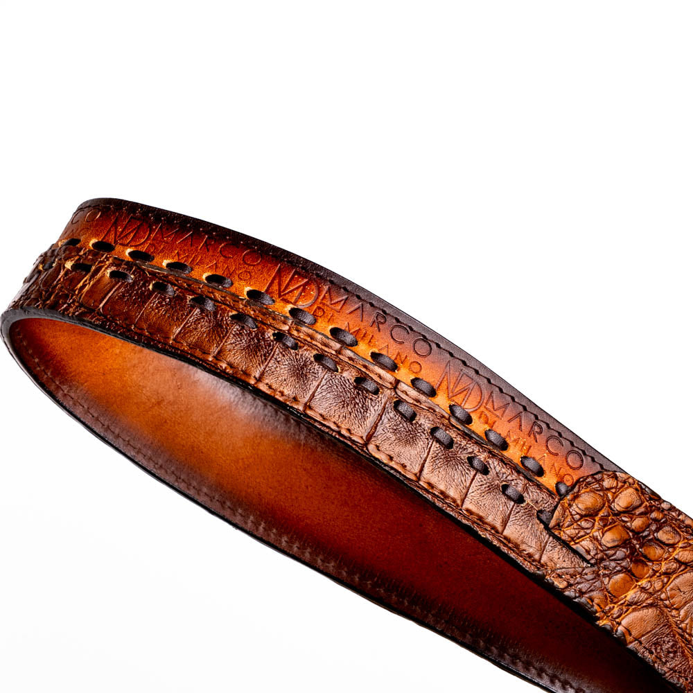 Montana Belt Aged Maple featuring handcrafted caiman and calfskin with center-stitched detail and Marco Di Milano brand stamp.
