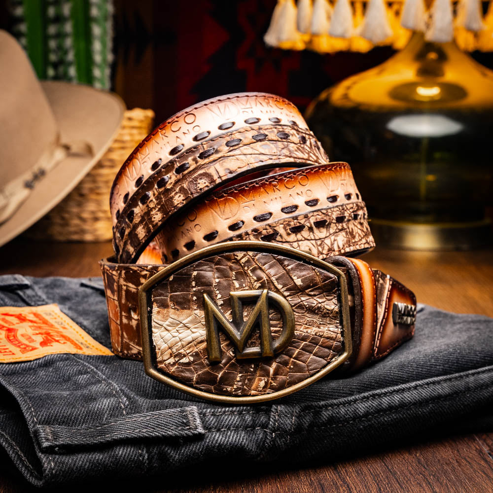 Montana Belt Stone Brown - Caiman & Calfskin Western Belt with Hand-Stitched Detail by Marco Di Milano
