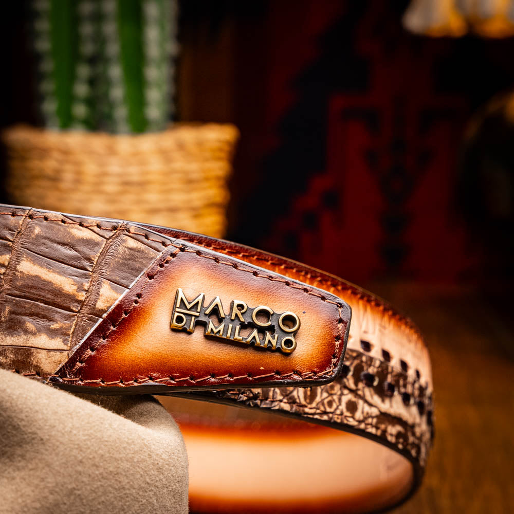 Montana Belt Stone Brown by Marco Di Milano, featuring genuine caiman crocodile skin and calf leather with hand-stitched detail.