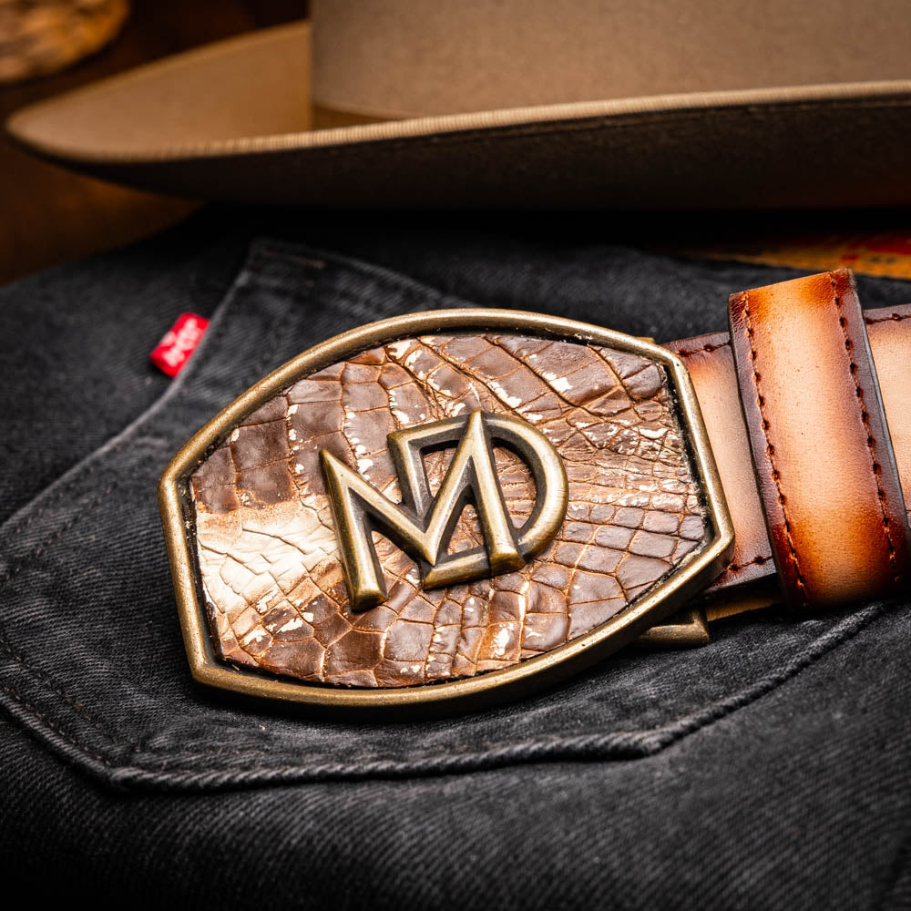 Montana Belt Stone Brown featuring caiman crocodile skin and calf leather with Marco Di Milano brand logo on buckle