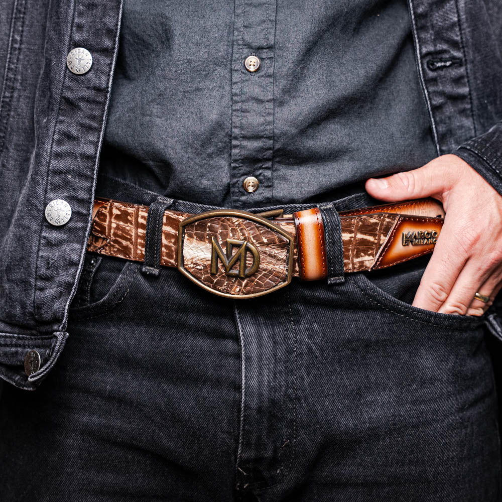 Montana Belt Stone Brown - Caiman & Calfskin Western Belt with Hand-Stitched Detail, Marco Di Milano Brand, Pre-Order Now