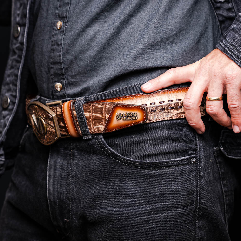 Montana Belt Stone Brown - Caiman & Calfskin Western Belt with Hand-Stitched Center Detail by Marco Di Milano, pre-order now