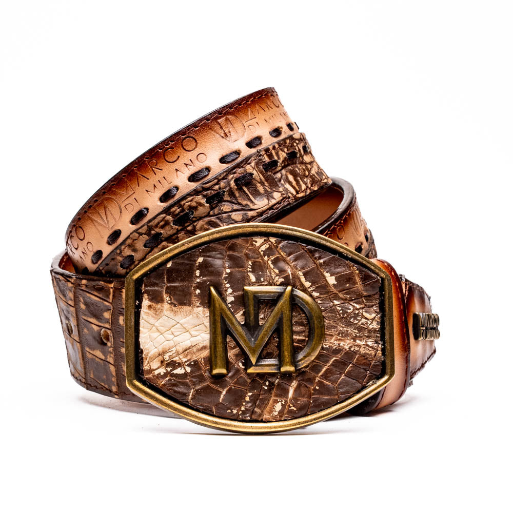 Montana Belt Stone Brown - Caiman & Calfskin Western Belt with Hand-Stitched Detail by Marco Di Milano