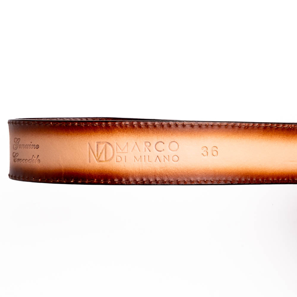 Montana Belt Stone Brown with Marco Di Milano brand stamp, genuine crocodile skin, and custom stitching detail.