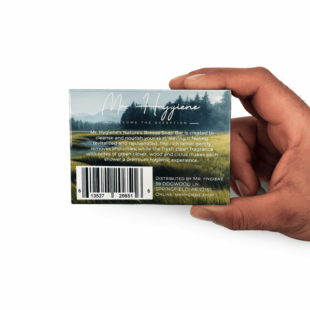 Back of Nature’s Breeze Bar Soap package showing details and a scenic background