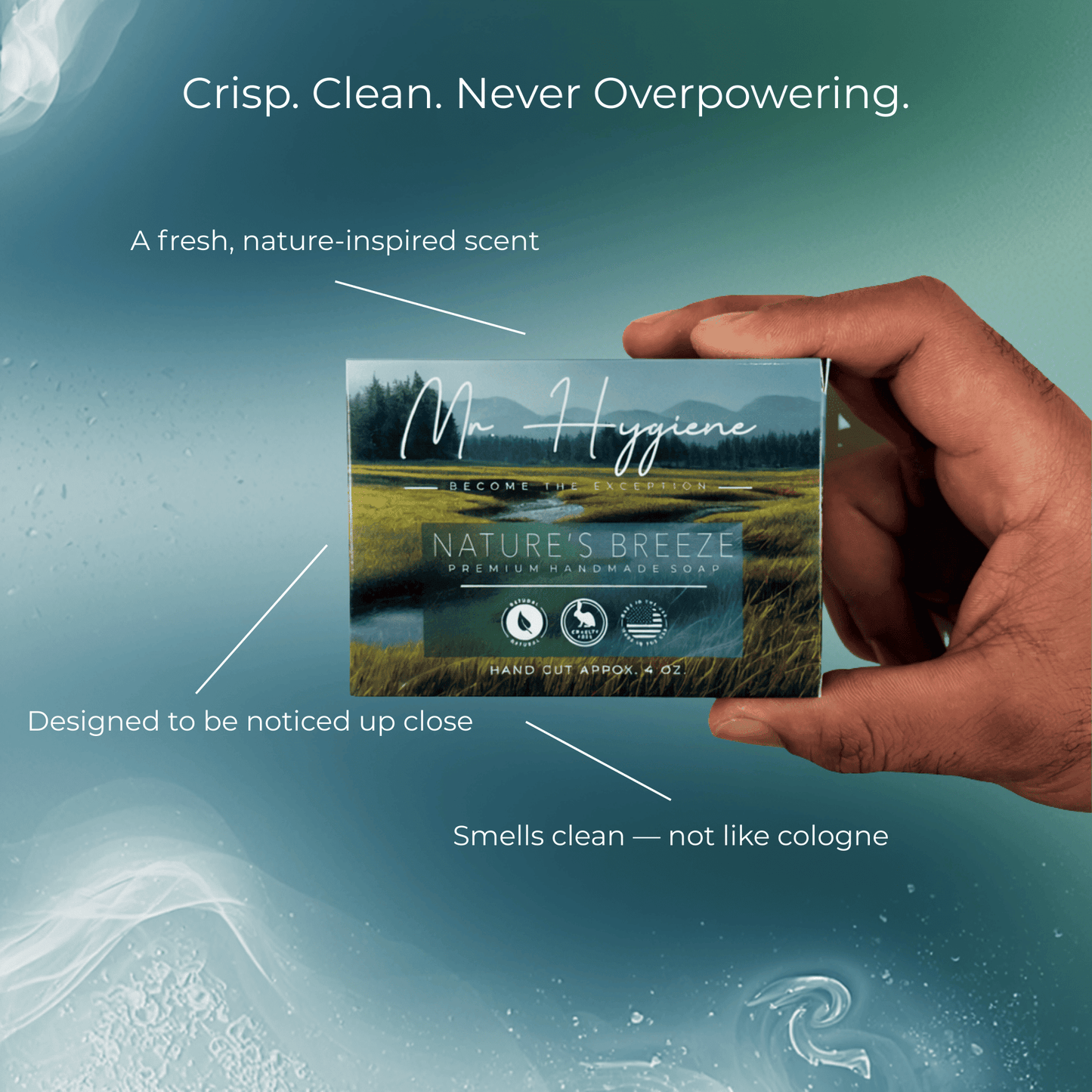 Nature’s Breeze Bar Soap held by hand illustrating natural design and benefits like fresh scent, deep cleansing, and long-lasting freshness.