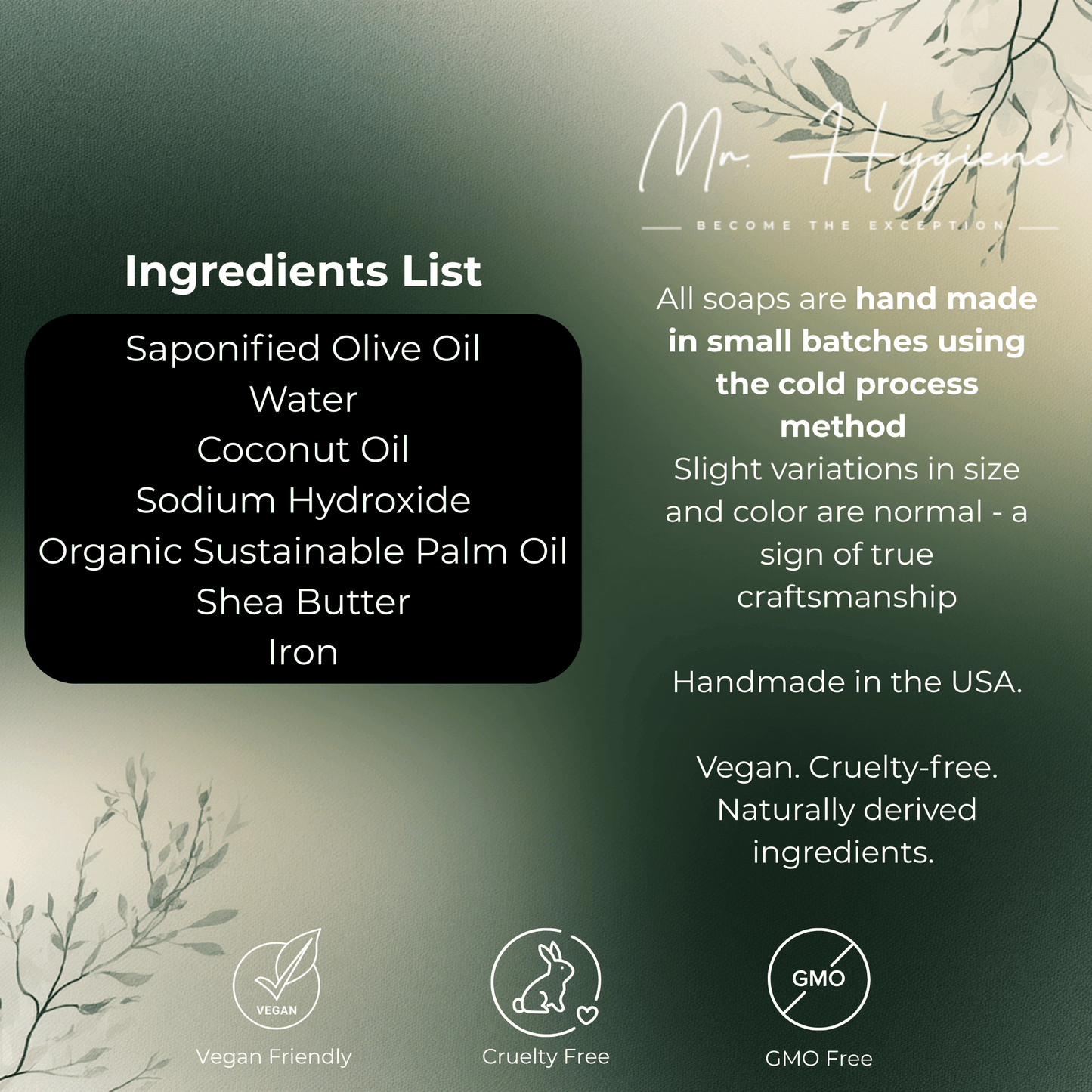 Nature’s Breeze Bar Soap ingredients list with natural oils and vegan, cruelty-free, GMO-free labels, handmade in the USA.