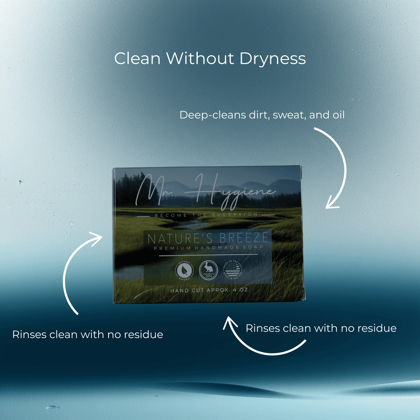 Nature’s Breeze Bar Soap packaging, highlighting benefits like deep-cleansing and residue-free rinse with a nature-themed background.