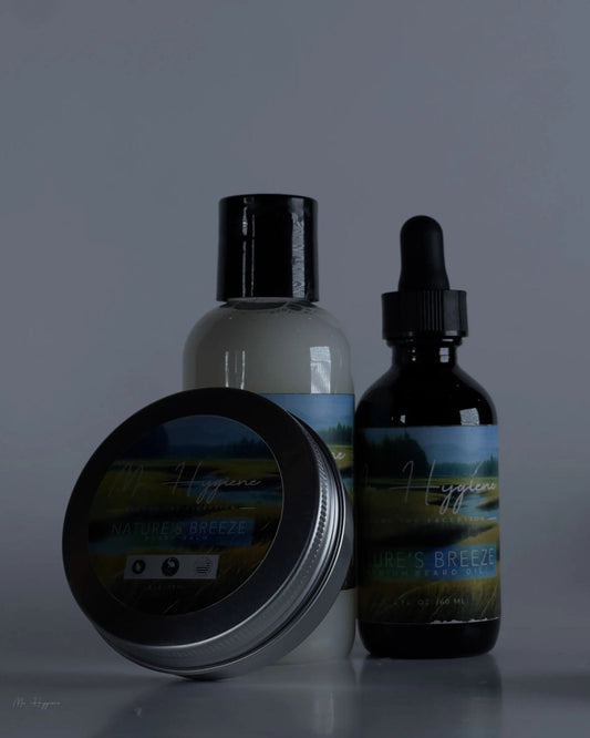 Nature's Breeze Beard Care Kit bottles and tin for grooming and styling