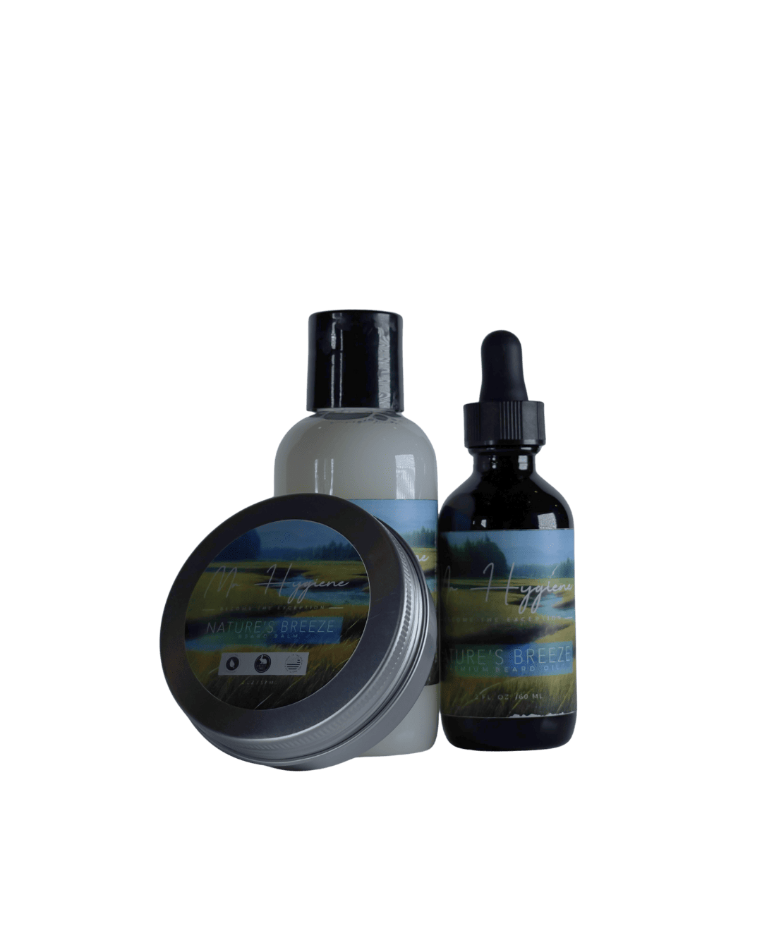 Nature's Breeze Beard Care Kit – bottle, balm, and oil for optimal beard grooming and hydration.