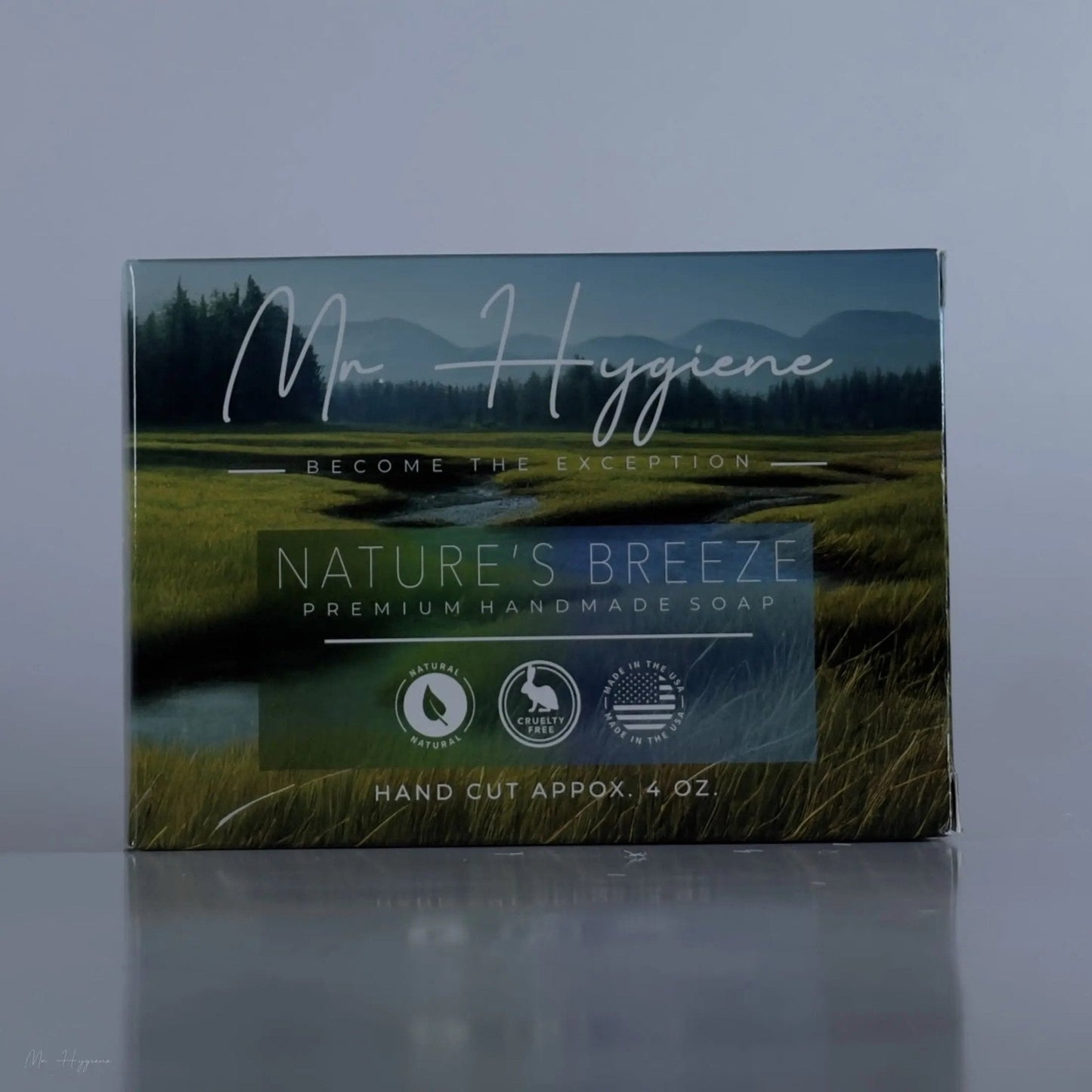 Packaging of Nature's Breeze Bar Soap for men, premium natural soap for hydration and freshness, 4 oz