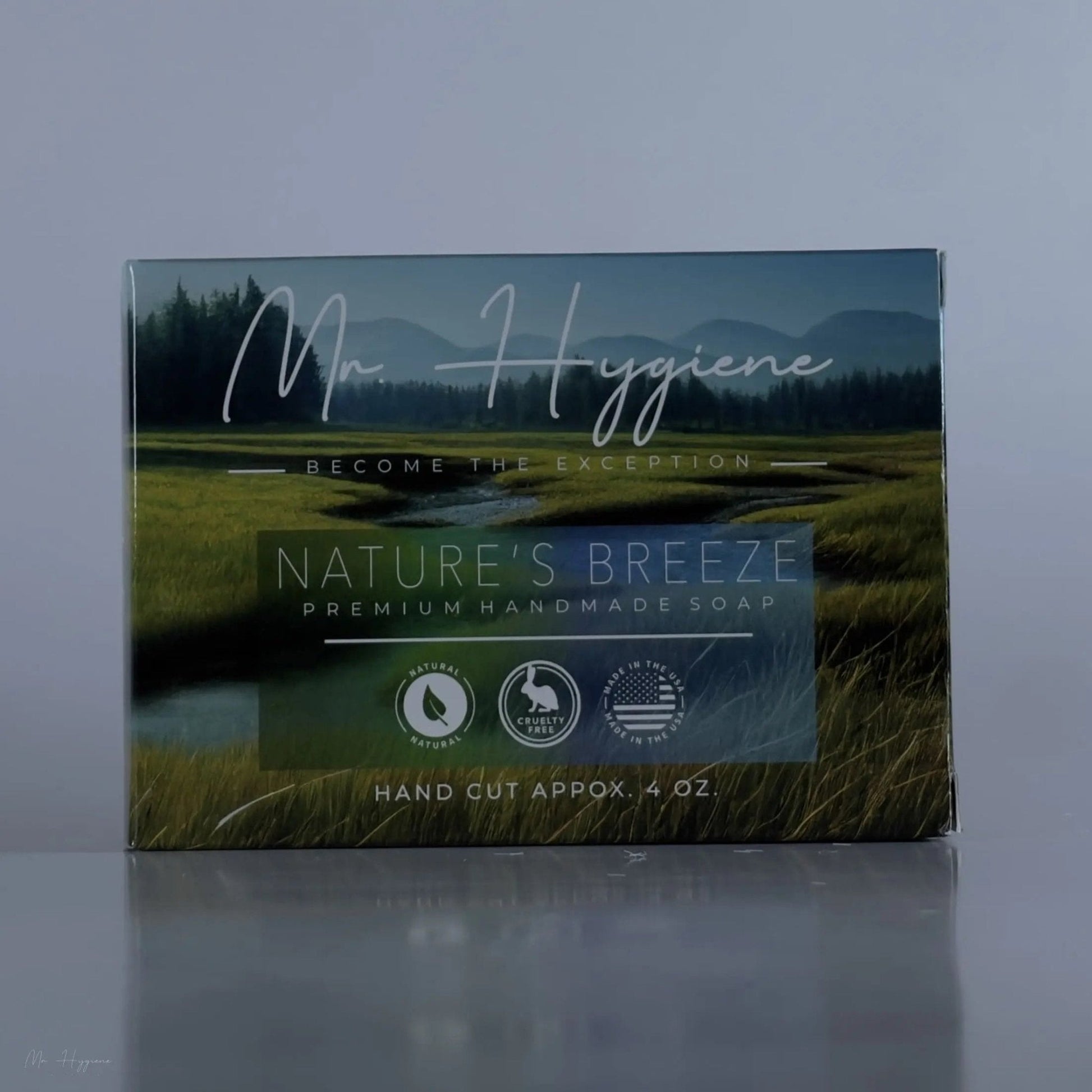 Packaging of Nature's Breeze Bar Soap for men, premium natural soap for hydration and freshness, 4 oz