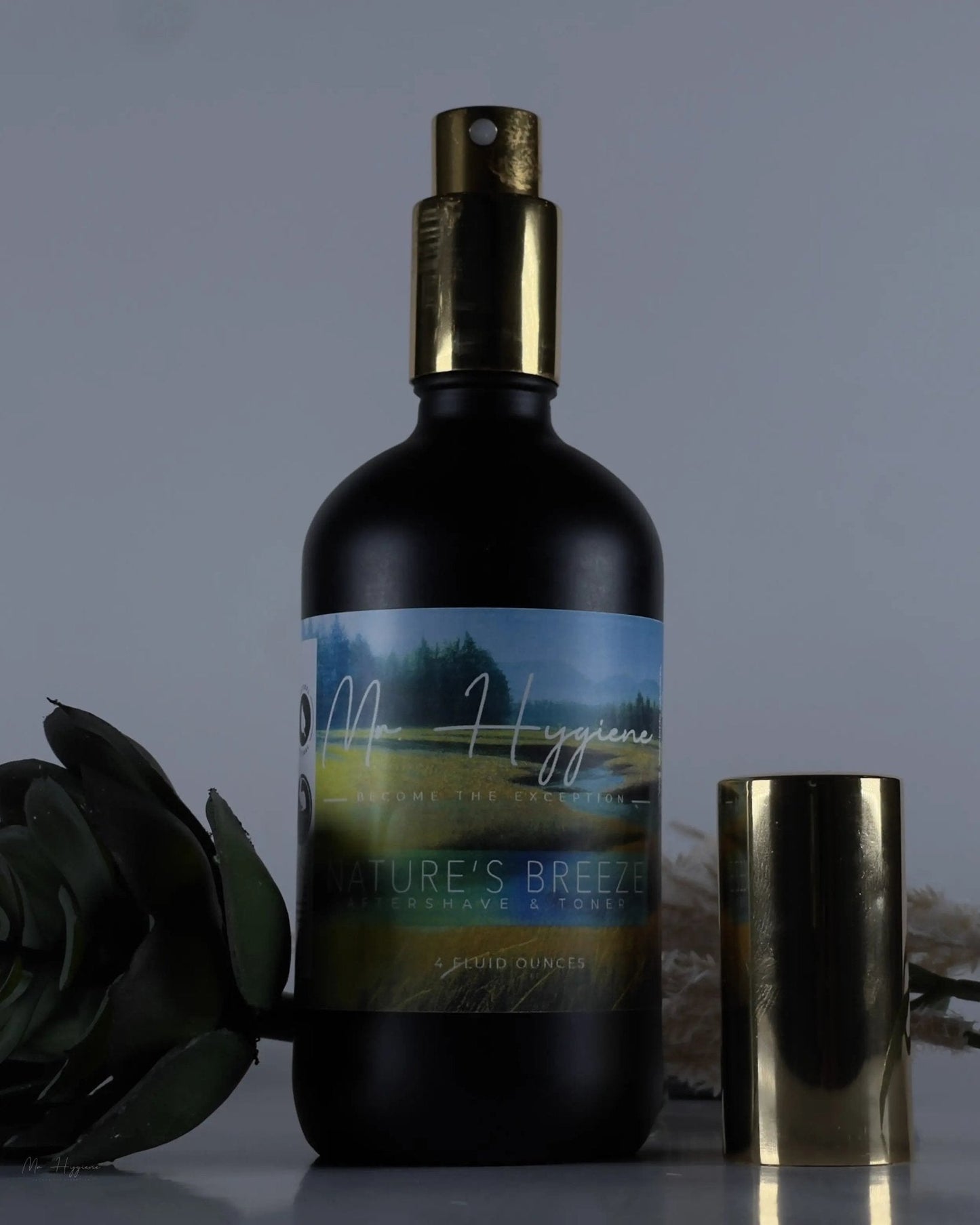 Nature's Breeze All Natural Aftershave bottle with a plant and cap in a soothing ambiance