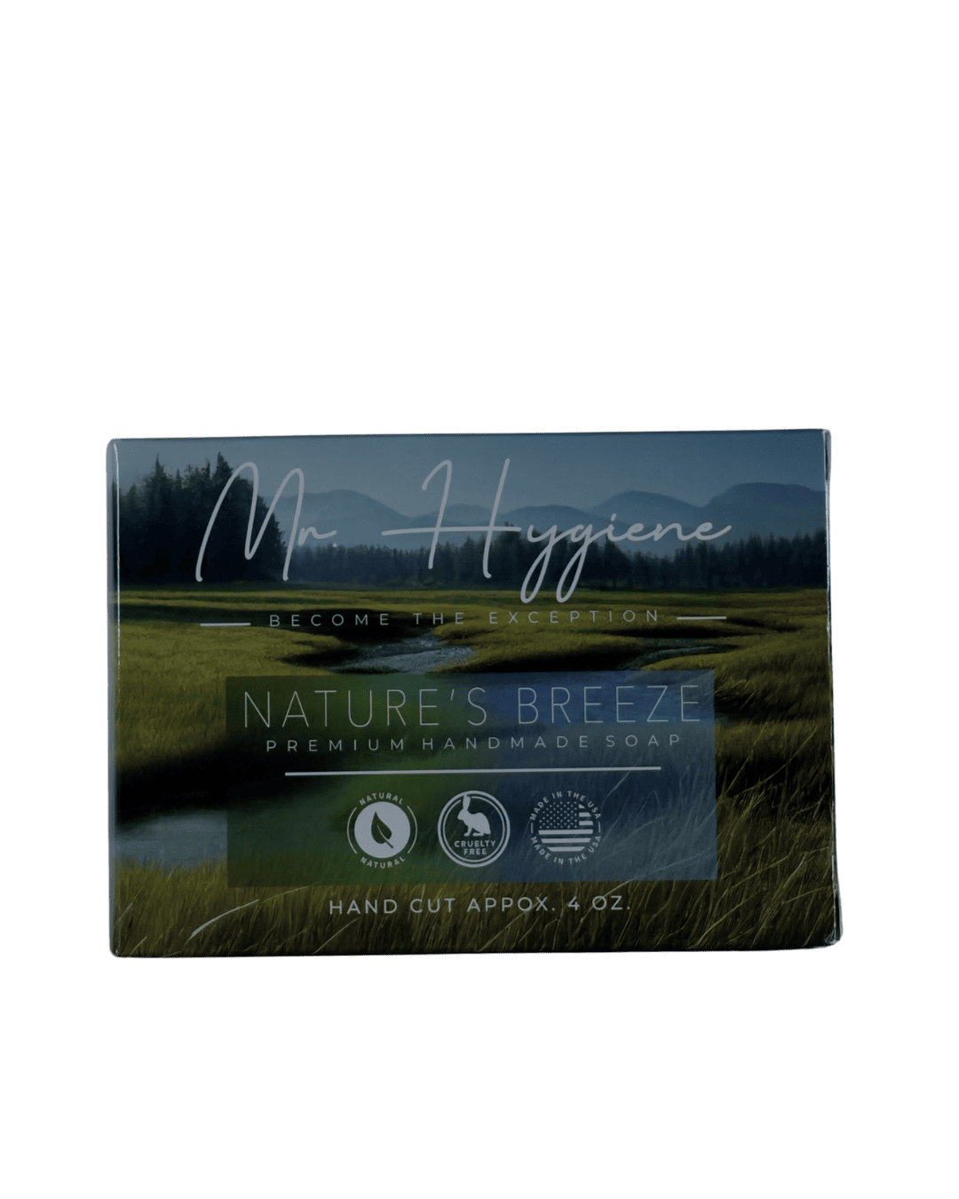 Nature’s Breeze Bar Soap packaging for men, featuring natural ingredients and eco-friendly design.