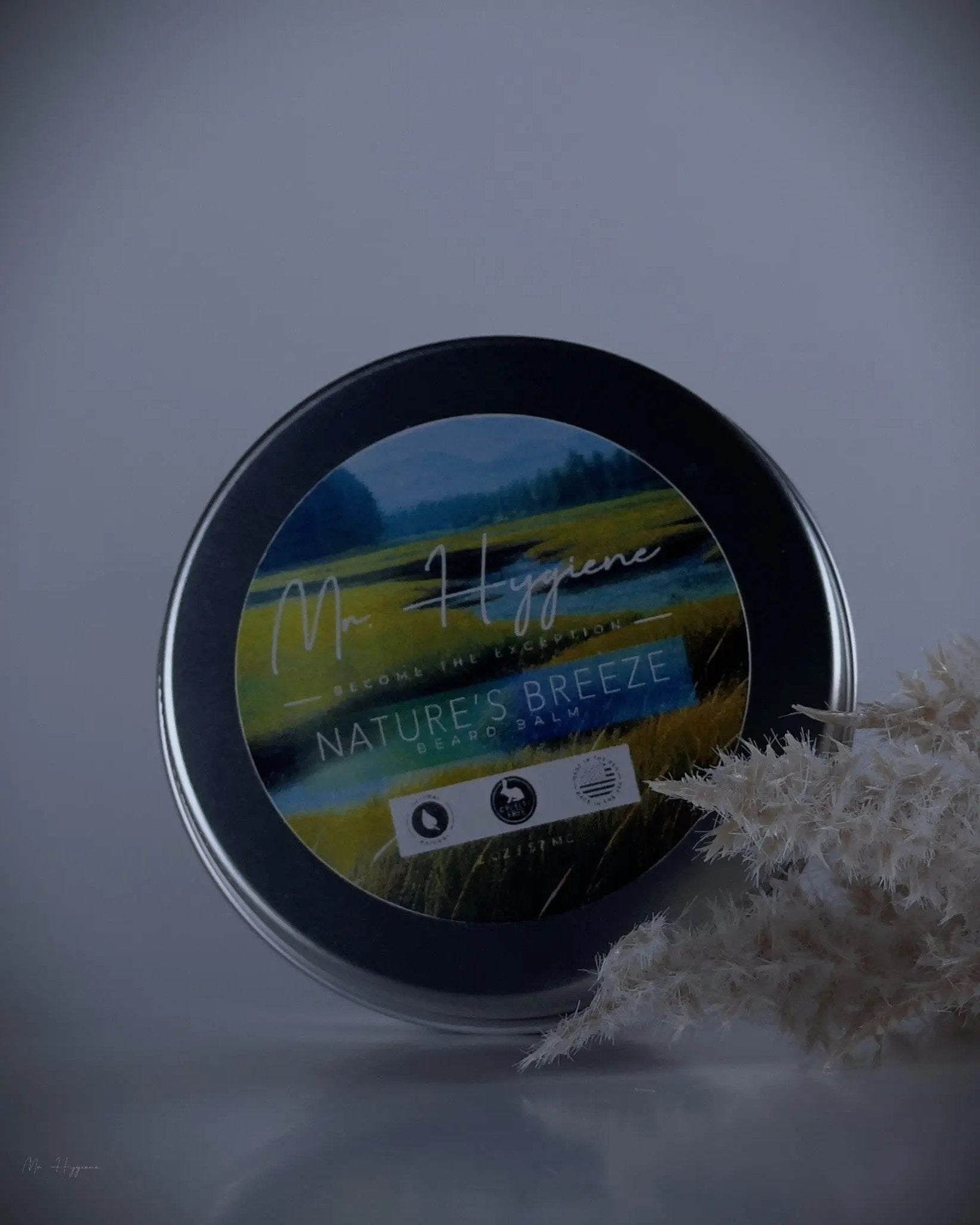 Nature's Breeze Organic Beard Balm tin with scenic label on display