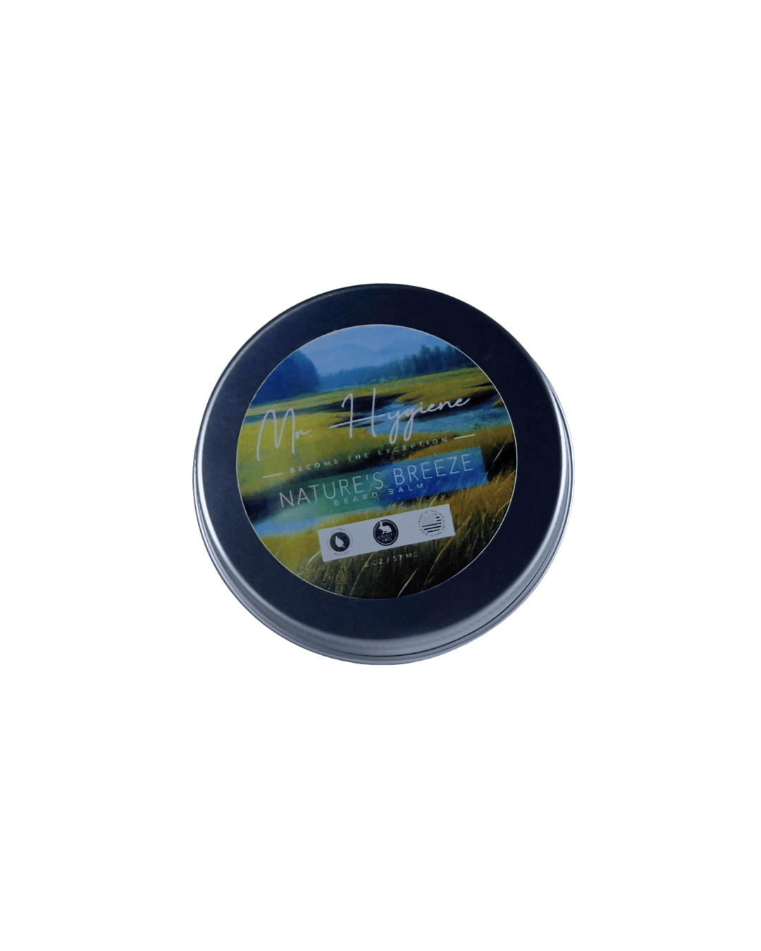 Nature's Breeze Organic Beard Balm in a sleek blue container, designed for ultimate beard care with hydration and hold.