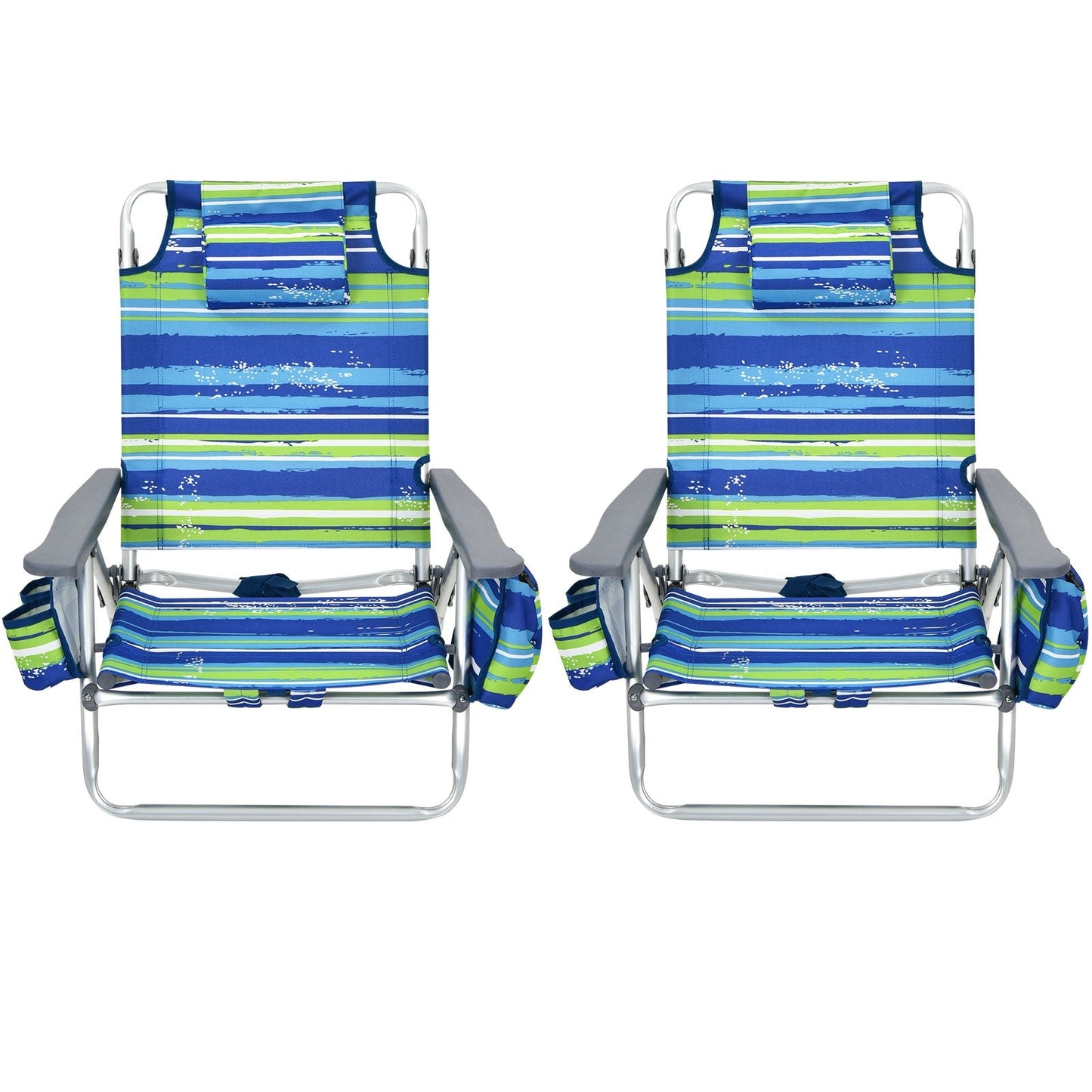 2-Pack Folding Backpack Beach Chair 5-Position Outdoor Reclining Chairs with Pillow-Blue in striped design