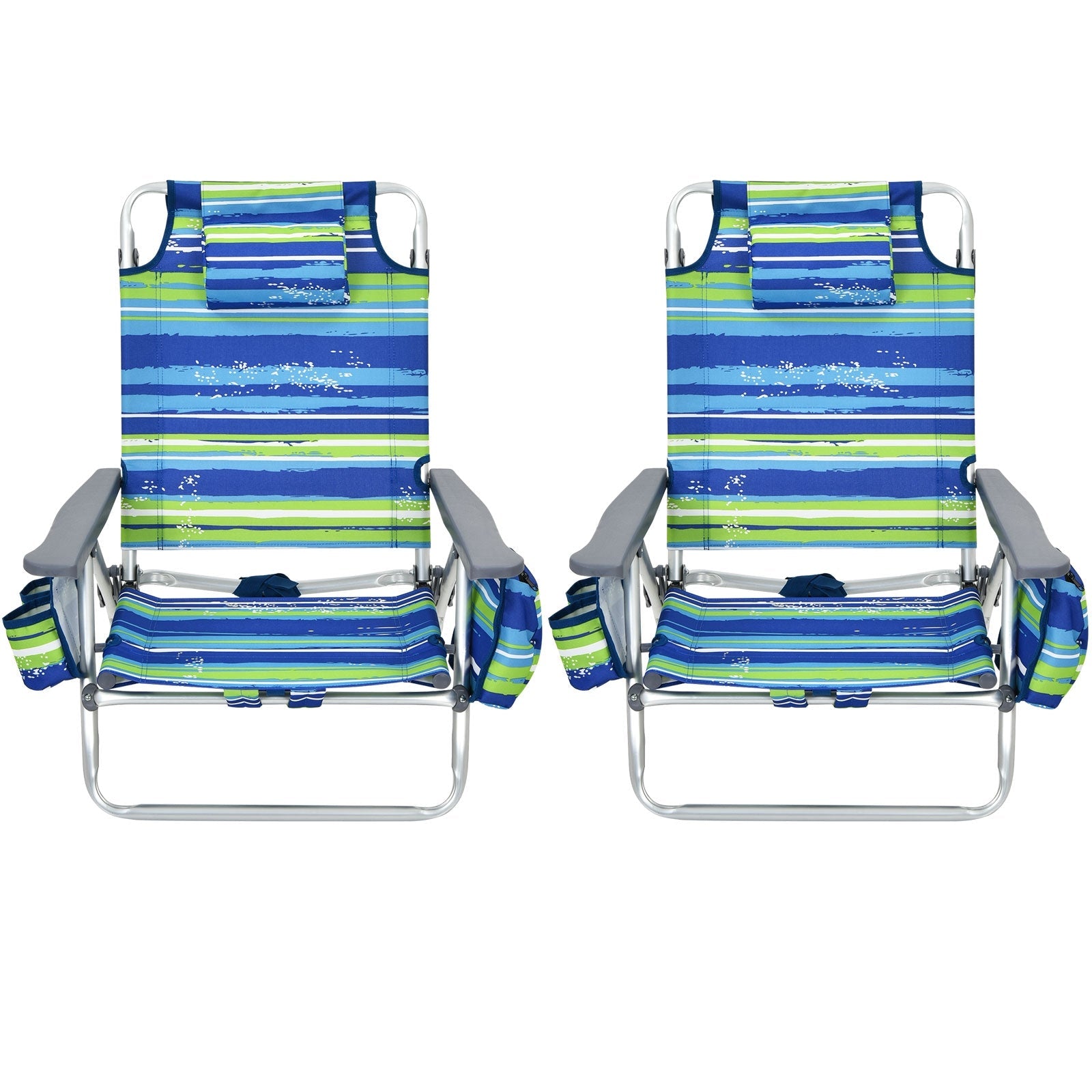 2-Pack Folding Backpack Beach Chair 5-Position Outdoor Reclining Chairs with Pillow-Blue in striped design