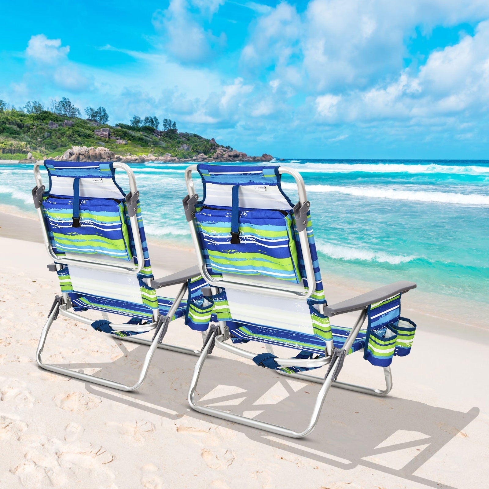 2-Pack Folding Backpack Beach Chair 5-Position Outdoor Reclining Chairs with Pillow-Blue on a sunny beach